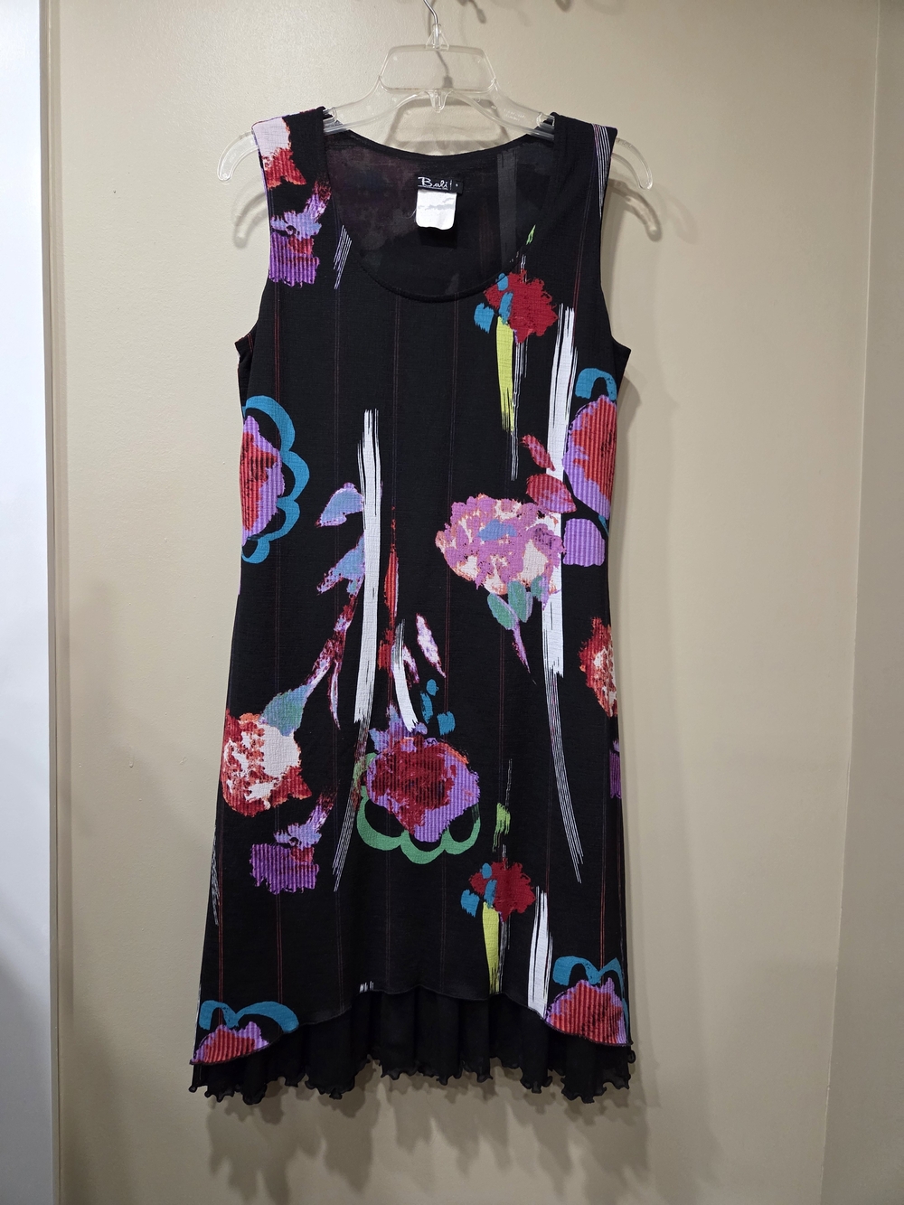 Bali Black Midi Dress with Floral Print and Ruffled Hemline